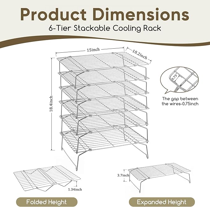 Herogo 15" x 10" Cooling Rack, 6-Tier Stainless Steel Baking Rack for Cookies, Cupcakes, and Pastries, Collapsible Space-Saving Design, Dishwasher Safe, Ideal for Baking, Roasting, and Drying