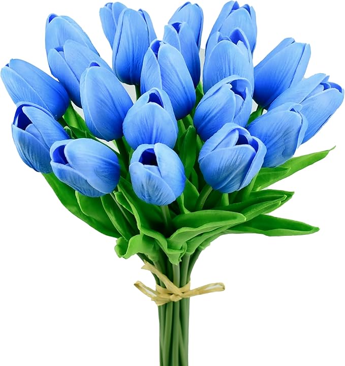 Mandy's Light Blue Artificial Tulips Flowers Centerpiece, 13.5" Lifelike PU Fake Floral Stems 20pcs for Kitchen Island & Dining Table, Spring Decor for Easter