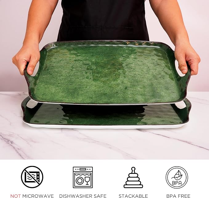 TP Large Serving Trays with Handles, 19" x 12" Melamine Serving Platters for Food, Turkey, Set of 2 Rectangular Trays for Party, Retro Green