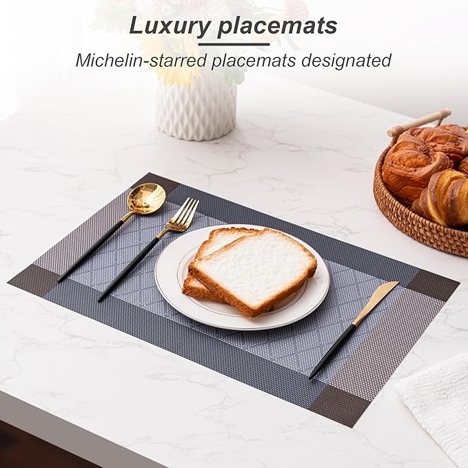 CADONO Placemats Set of 6 Washable Indoor/Outdoor Vinyl Place Mats for Dining Table Durable Non-Slip Heat Resistant PVC Weave Table Mats（Rhombus-Blue）