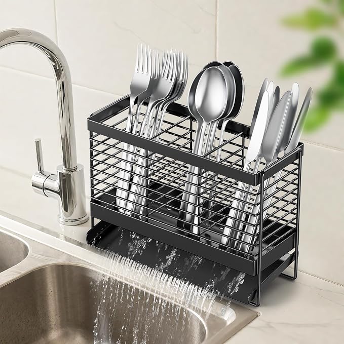 Utensil Holder, Upgrade Stainless Steel Utensil Drying Rack with Automatic Drain Tray for Kitchen Counter, Silverware Cutlery Organizer for Spoons, Forks, Knifes, Chopsticks (Black)
