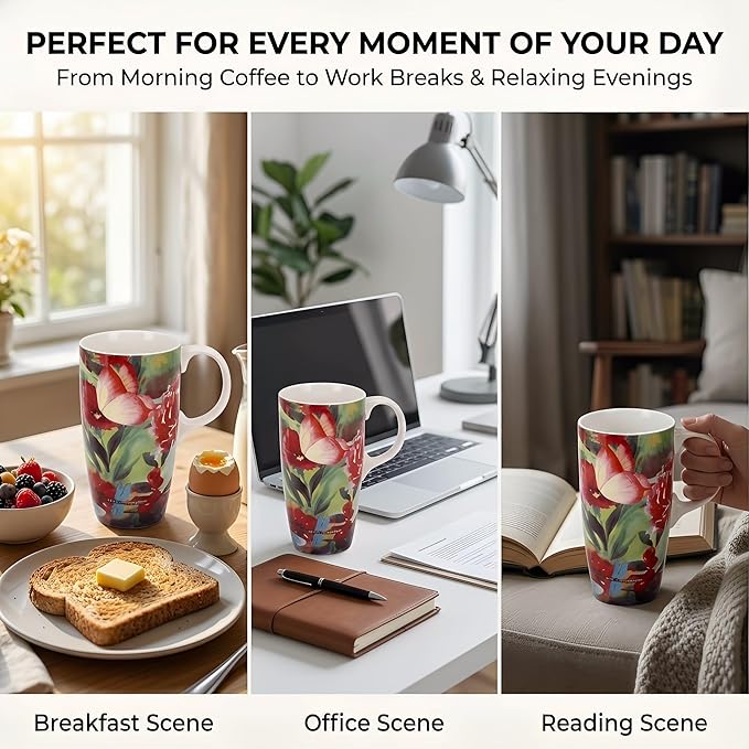 DUSVALLY 17oz Ceramic Coffee Mug with Lid & Handle – Large Travel Mug for Men Women, Microwave & Dishwasher Safe, Red Flowers – Ideal for Office, Home & Gift Giving