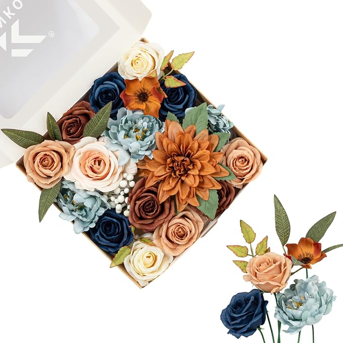 FANKO Artificial Flowers for DIY, Navy Blue Brown Peach Faux Flowers Bouquet, Colorful Fake Rose Peony Poppy Silk Flowers for Vase, Home Decor, Garland, Summer Wedding, Birthday, Party