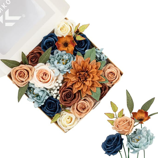 FANKO Artificial Flowers for DIY, Navy Blue Brown Peach Faux Flowers Bouquet, Colorful Fake Rose Peony Poppy Silk Flowers for Vase, Home Decor, Garland, Summer Wedding, Birthday, Party