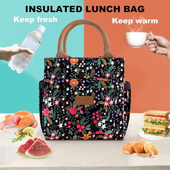 Joymee Lunch Bag Women Leakproof Insulated Floral - Multi-Floral | Large Capacity, Bottle Holder & Side Pockets, Leakproof Insulated Design, for Work, Travel, Picnic & Daily Use, for Adult