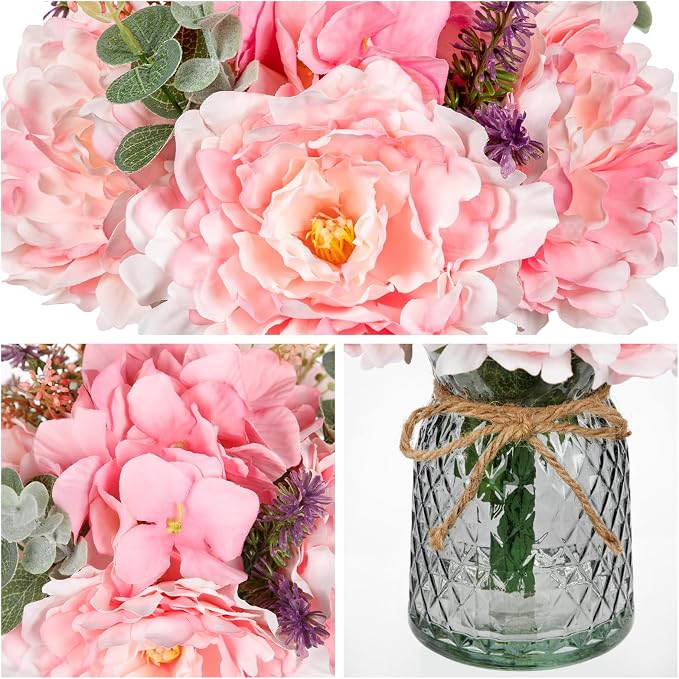 Briful Faux Flower Arrangements Artificial Peony Hydrangea Silk Flowers with Glass Vase Realistic Fake Potted Floral Bouquet for Home Offices Weddings Parties Table Centerpieces Décor (Pink)