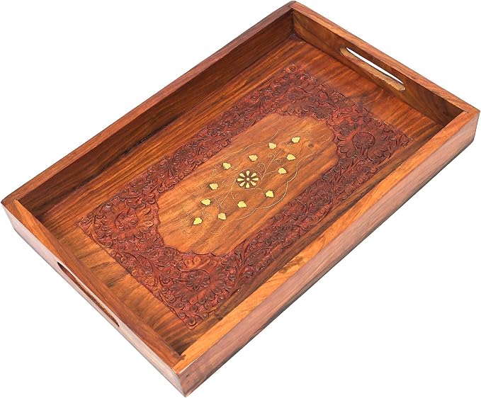 15-Inch Acacia Wood Serving Tray with Handles – Large Rectangular Wooden Ottoman Tray for Breakfast in Bed, Dinner & Coffee Table - Decorative Serving Platter