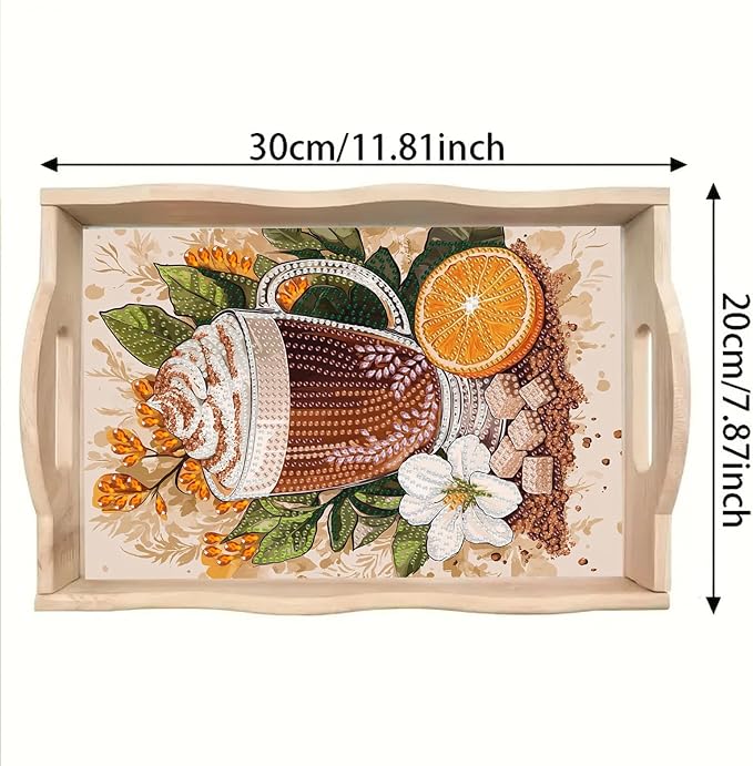 BAYUNOE DIY Diamond Serving Tray Rectangular Breakfast Tray with Handle Handmade Diamond Art Painting Wooden Tray Spring Creative Dinner Plate Coffee Room Living Home Organizer-Coffee