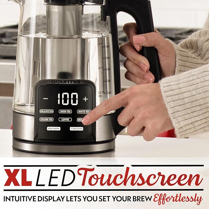 Gourmia Electric Glass Kettle – 1.7L Programmable Tea & Coffee Brewer with Digital Touch Display, 6 Presets, Removable Stainless Steel Infuser, Cordless with 360° Swivel Base, Black