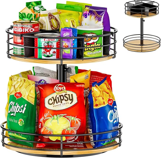 2 Tier Lazy Susan Snack Organizer, Adjustable Height, Black | 12 Inch, Wood Rotating Spice Rack, For Kitchen Countertop Pantry Cupboard Bathroom, Coffee Bar Home Storage
