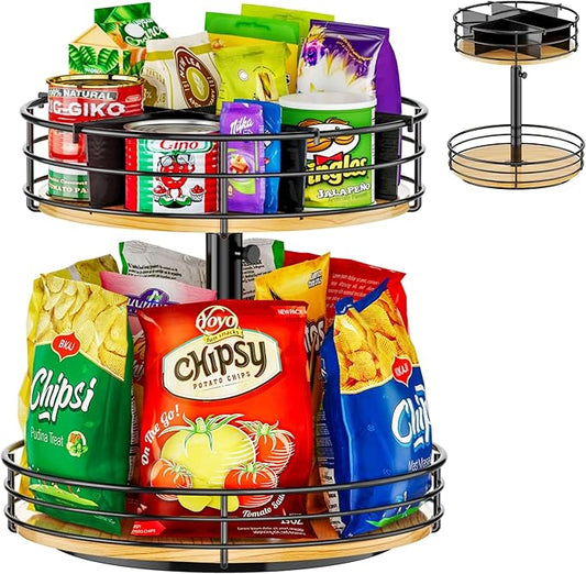2 Tier Lazy Susan Snack Organizer, Adjustable Height, Black | 12 Inch, Wood Rotating Spice Rack, For Kitchen Countertop Pantry Cupboard Bathroom, Coffee Bar Home Storage