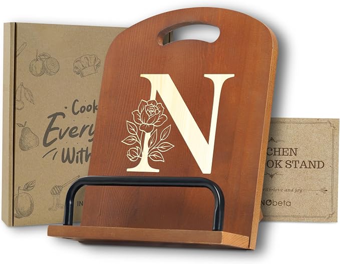 INNObeta Cookbook Stand for Kitchen Counter, Adjustable Tablet Recipe Book Holder, Perfect Gifts for Women, Mom, Grandma on Birthday, Unique Kitchen Decor, Initial N
