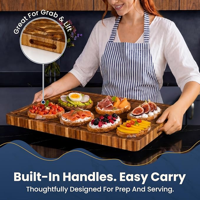 HOMESTEAD End Grain Acacia Wood Cutting Board for Kitchen 24x18x1.5 in, Large Butcher Block Chopping Board for Meat Vegetables with Juice Groove, Handles, Knife-Friendly Surface, Sorting Compartments