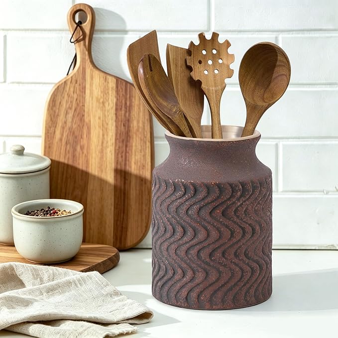 Farmhouse Ceramic Farmhouse Kitchen Utensil Holder for Countertop, Rustic Cooking Utensil Holder Crock Fit for Kitchen Counter