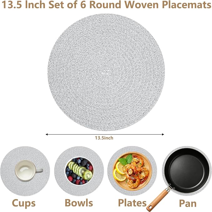 Round Woven Placemats Set of 6, 13.4 Inches Cotton Round Placemats, Heat Resistant Washable Table Mats for Indoor & Outdoor Dining Table Decor