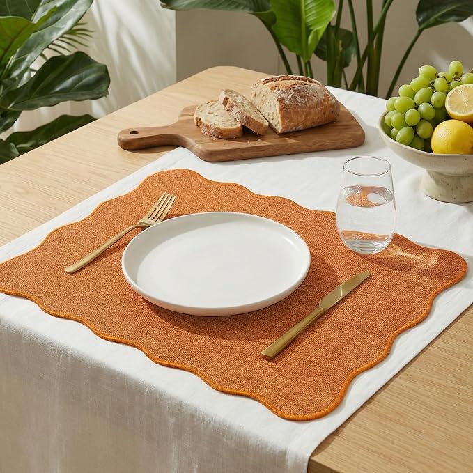 AHHFSMEI Faux Linen Placemats Set of 4 Heat Resistant Non-Slip Stain Proof Table Mats for Kitchen Dining Elegant Decor Place Mats (Orange 4)