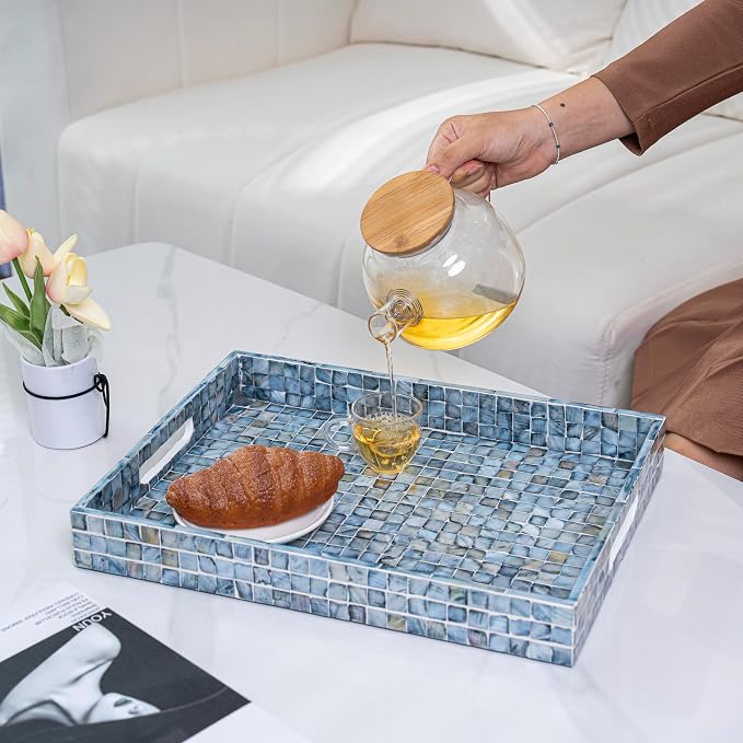 PEMAR Rectangular Mother of Pearl Serving Tray Nacre Wood Lap Ottoman Tray for Coffee Table, Luxury Decorative Handmade Eating Platters w Insert Handles (Blue)