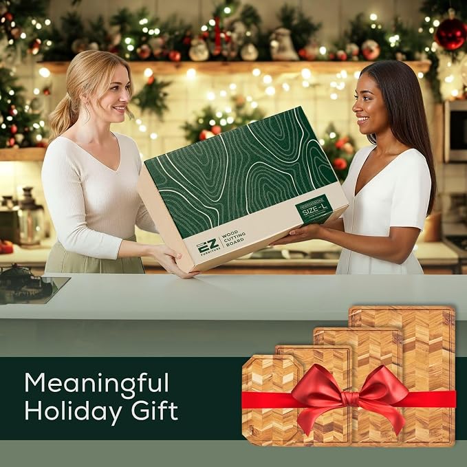 EZ FURNITURE Small (S) Teak Edge Grain Cutting Board, Reversible, Knife-Friendly Charcuterie Wood Cutting Board, Juice Groove & Handles, Non-Toxic, Gift Box Included (Herringbone, 14" x 10" x 0.7")