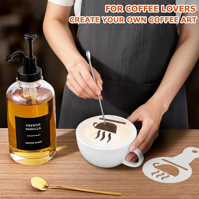 Coffee Syrup Dispenser for Bar, Glass Syrup Bottle with Pump, Coffee Pump Dispenser Bottle, Spoon for Station,16.9 oz, 500 ml