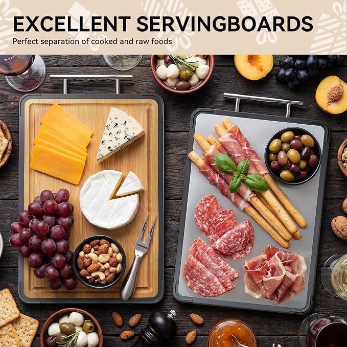 Titanium Cutting Board for Kitchen - Double Sided Reversible Chopping Board, Titanium & Bamboo Wood Cutting Board for Meat, Vegetables and Fruit, Easy to Clean,Mothers Day Gifts (16×11)
