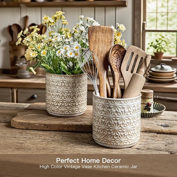 Ceramic Utensil Holder for Kitchen Counter,5.3" Farmhouse Kitchen Utensils Holder for Countertop， Handcrafted Cooking Utensil Holder with Elegant Design for Utensil Storage, Flower Vase