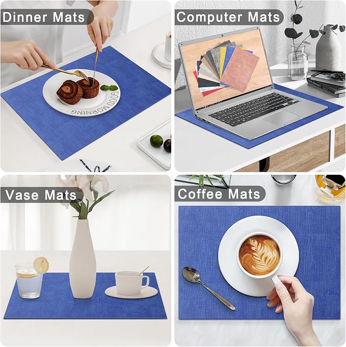 Homaxy Faux Leather Heat Resistant Placemats for Dining Table Set of 8, Waterproof Wipeable Washable PU Table Mats, Easy to Clean Anti-Slip Place Mats, 11.8" x 17", Sea Blue