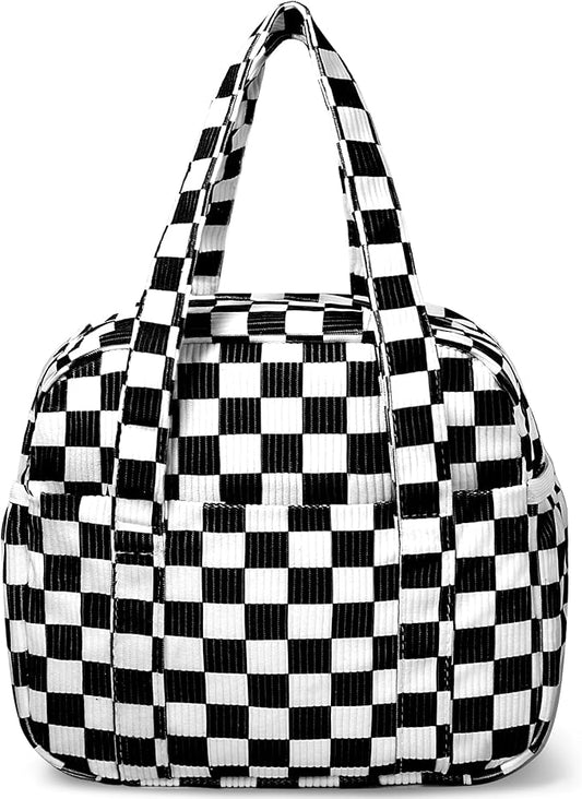 Yarnic Corduroy Lunch Bag Women Insulated, Large Lunch Box for Work with Bottle Pockets, Stylish Reusable Cooler Tote for Adults Teachers Picnic (black White Checkered)