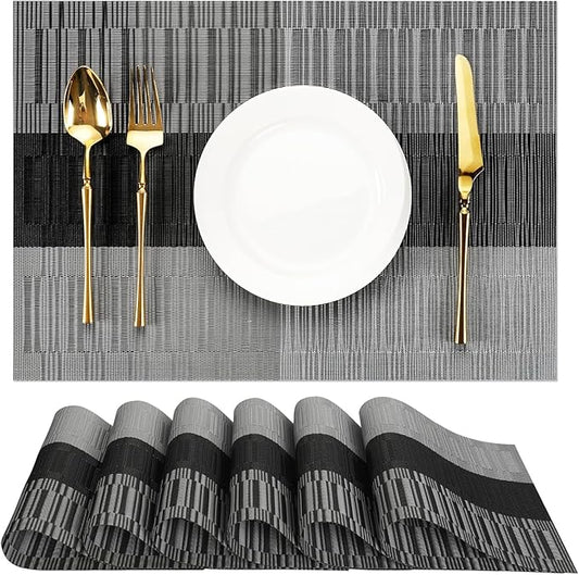 Black Placemats Set of 6, Heat-Resistant Washable Wipeable Place Mats Non Slip Vinyl Woven Table Mats for Kitchen Dining Table Indoor Outdoor (Gray Black, Set of 6)