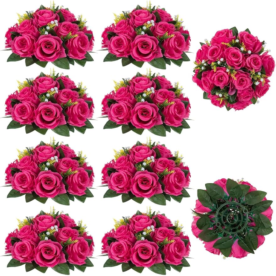 BLOSMON Hot Pink Flowers for Wedding: 10 Pcs Fakel Rose Balls for Table | Easy to Use Artifical Silk Kissing Bouquet Floral Arrangement for Home Party Event DIY Decoration