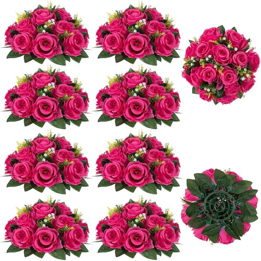 BLOSMON Hot Pink Flowers for Wedding: 10 Pcs Fakel Rose Balls for Table | Easy to Use Artifical Silk Kissing Bouquet Floral Arrangement for Home Party Event DIY Decoration