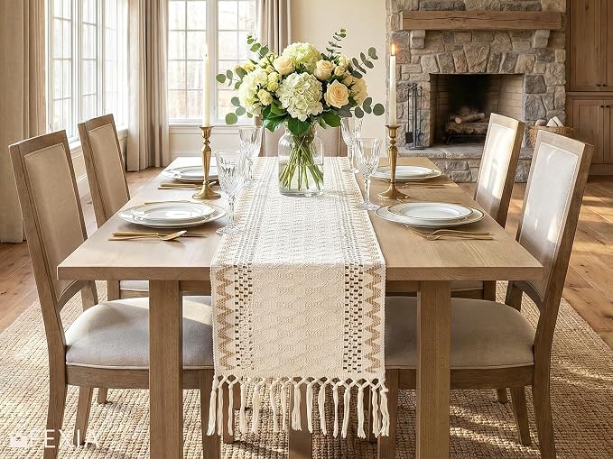 FEXIA Boho Table Runner for Home Decor with Tassels 72 Inch Farmhouse Burlap Macrame Woven Table Runner Rustic Lace Decoration for Living Room Dining Table Entryway, Cream & Brown (13x72 Inch)