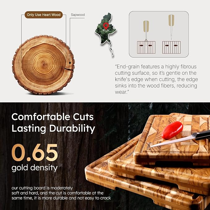 Teak Wood End Grain Cutting Board for Kitchen with Non-slip Feet, Heavy Duty Checkered Cutting Board Upgraded Chopping Board with Juice Groove & Handle Large Wooden Butcher Block with Gift Box
