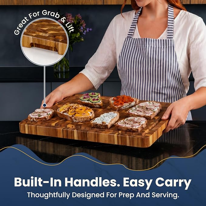 HOMESTEAD End Grain Acacia Wood Cutting Board 20x15x1.25, Reversible Butcher Block Board for Kitchen with Deep Juice Groove, Handles, Knife-Friendly Surface for Meat Chopping and Charcuterie Serving
