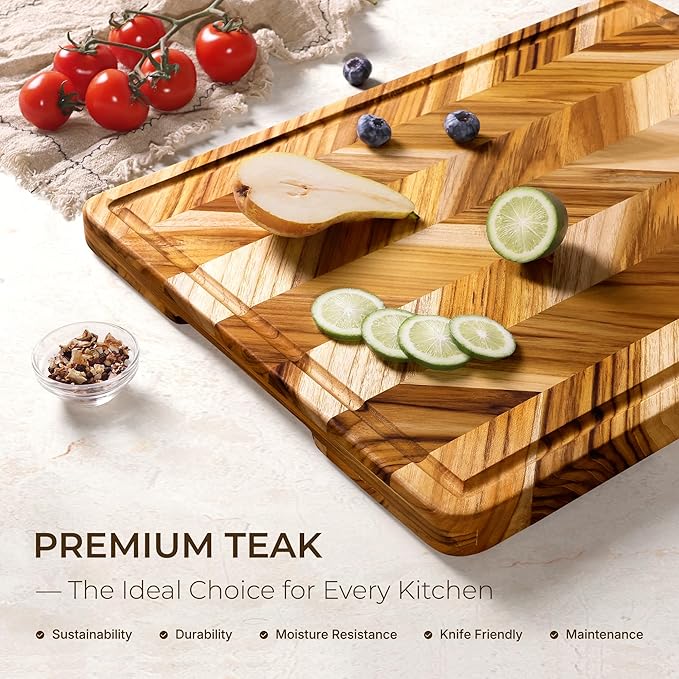 Teak Wood Cutting Board for Kitchen 24'' Extra Large End Grain Heavy Duty Checkered Cutting Board Non Toxic Best Handcrafted Solid Wood Decorative Charcuterie Butcher Block Meat Vegetables