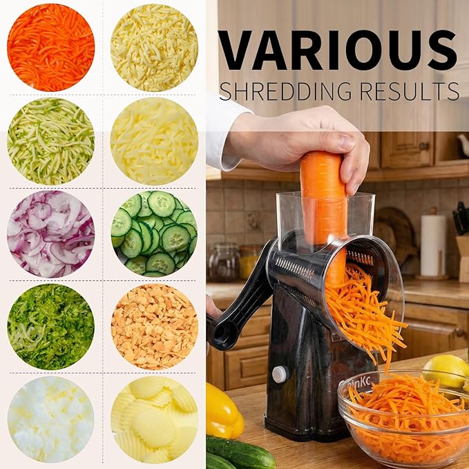 Upgrade Rotary Cheese Grater Shredder with Handle, Strong Suction Base, Multi-purpose Rotary Grater Slicer with 5 Interchangeable Blades for Ice, Vegetables, Fruit, Nuts with Blade Storage Box