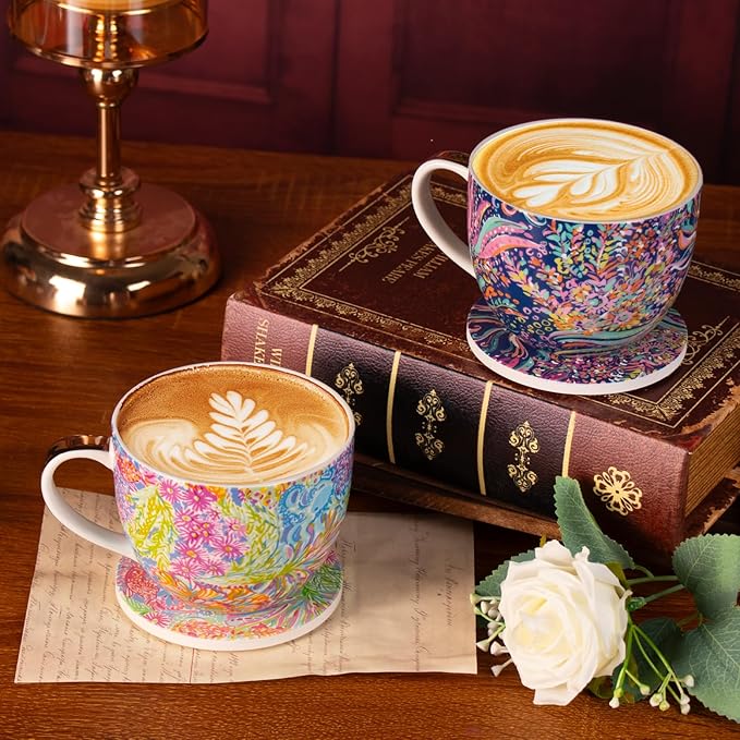 KAMMAK Coffee Mugs Ceramic Tea Cups Set of 2, 15 oz Porcelain Espresso Cups with Coaster Large Novelty Mugs with Handle for Cappuccino, Latte, Americano, Breakfast Cereal, Hot Cocoa (Purple + Ocean)