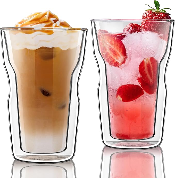 Joeyan Double Wall Glass Tumbler, 16.9oz Tall Insulated Drinking Highball Glasses, Clear Lager Borosilicate Glass Coffee Cups for Iced Coffee, Latte, Cocktails, Tea, Smoothie, Mixed Drinks, Set of 2