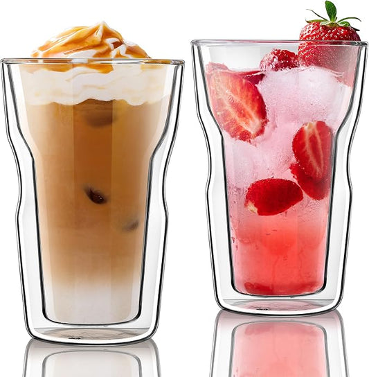 Joeyan Double Wall Glass Tumbler, 16.9oz Tall Insulated Drinking Highball Glasses, Clear Lager Borosilicate Glass Coffee Cups for Iced Coffee, Latte, Cocktails, Tea, Smoothie, Mixed Drinks, Set of 2