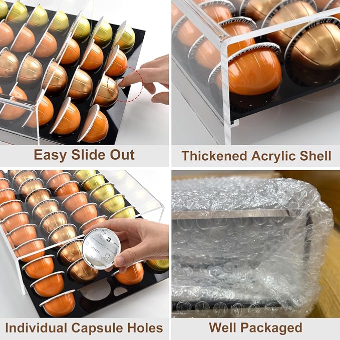 Coffee Pod Holder for Nespresso Vertuo Pods, Acrylic Vertuo Pod Storage Drawer, Coffee Capsule Organizer Compatible with Vertuo Line Coffee Pod