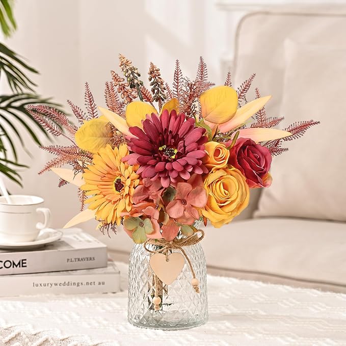 MARTINE MALL Artificial Dahlia Flowers with Vase, Silk Fall Flowers in Vase - Fall Decor for Home Centerpieces, Thanksgiving Party, Rustic Wedding