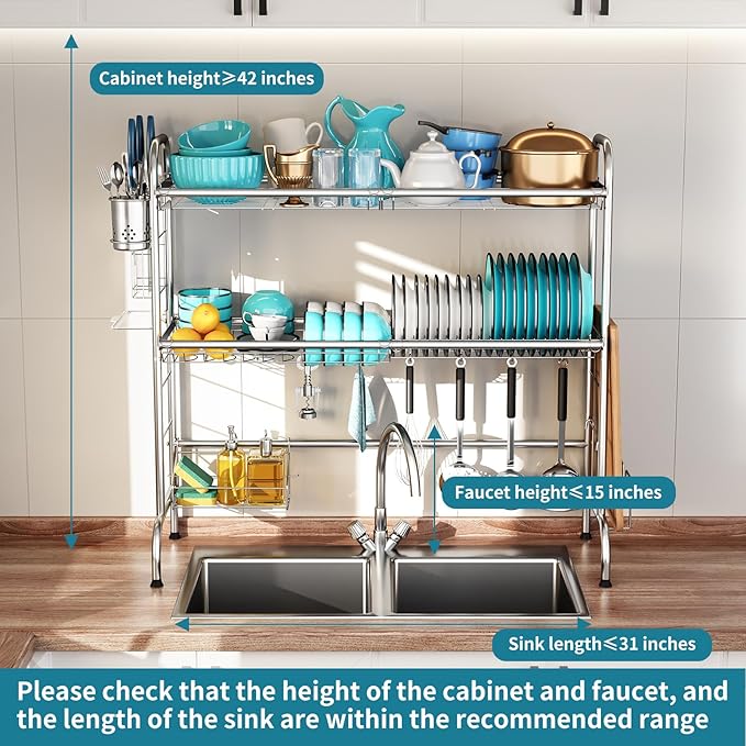 HOWDIA Stainless Steel 2-Tier Over The Sink Dish Drying Rack with Utensil Holder, Large, for Kitchen Counter