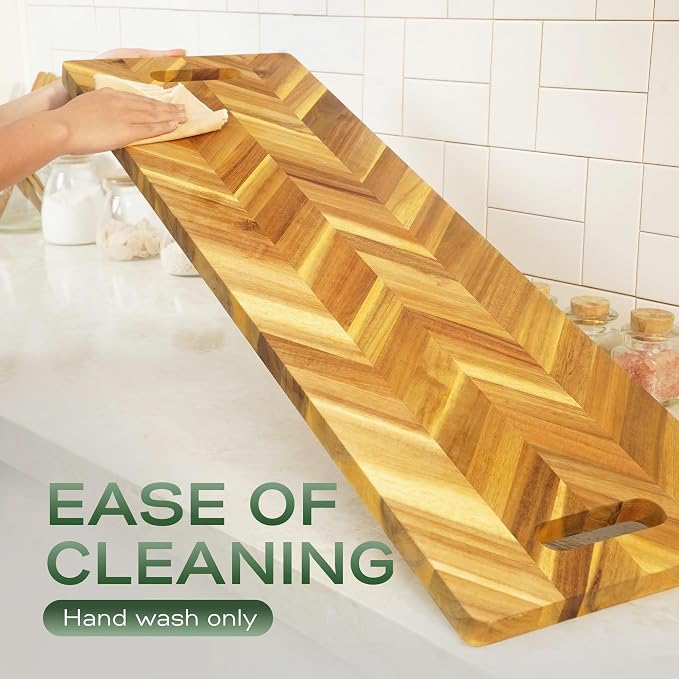 Howizz Solid Acacia Wood 36"x12" Extra Large Charcuterie Board with Handles, Grazing Board Serving Board Herringbone Chevron Serving Tray for Bread, Meat, Appetizers, Kitchen Cutting Board