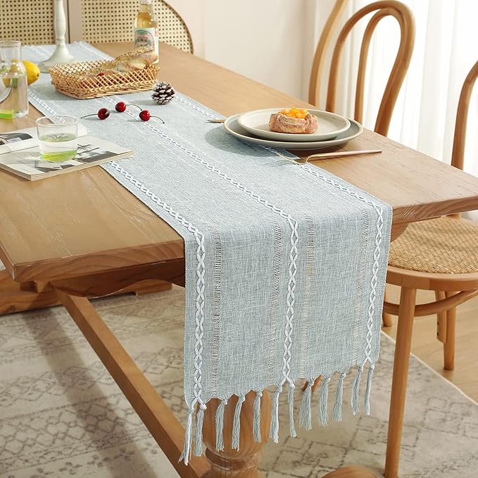 Rustic Farmhouse Style Linen Table Runner, Boho Handmade Tassel Hemstitched Embroidery Table Runners 72 Inches Long for Holiday Party, Dresser and Dining Decorations, 13 x 72 inch - Light Grey