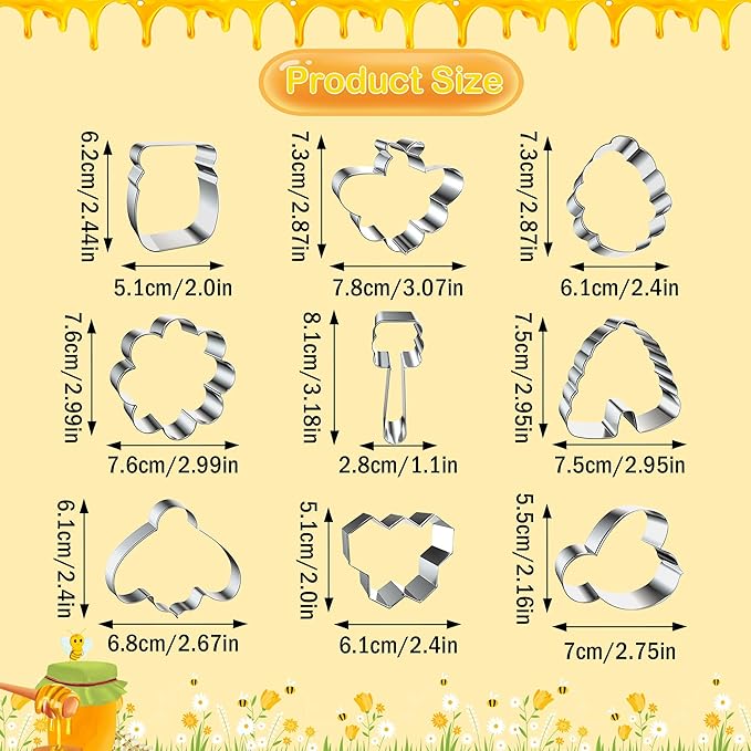 9 PCS Bee Cookie Cutters Set, Stainless Steel Honeycomb Honey Jar Flower Shaped Cookie Cutter Honeybee Biscuit Cutters Molds Baking Molds for DIY Crafts Spring Bee Party Homemade Treats Baking