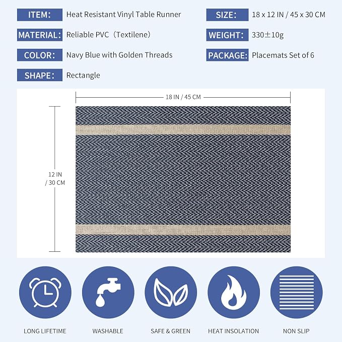 FAVE Placemats Set of 6 Blue Placemats Woven with Golden Threads Durable and Wipeable Vinyl Placemat Heat Resistant Table Mats Set of 6 High Texture Place Mats for Kitchen Table（Blue placemat）