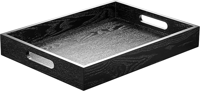 ATZYmolin Wood Serving Tray with Handles, Home Decorative Wooden Rectangle Ottoman Decor Platter Vanity Tray for Breakfast Dinner Drinks Kitchen Dining Living Bathroom Restaurants Black
