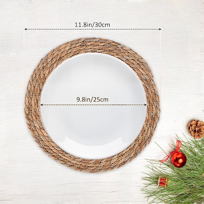 Defined Deco Woven Placemats Set of 6,12" Round Rattan Placemats,Natural Hand-Woven Water Hyacinth Placemats,Farmhouse Weave Place Mats,Rustic Braided Wicker Table Mats for Dining Table,Home,Wedding.
