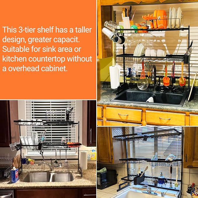 ADBIU Over Sink Dish Drying Rack (Expandable Height/Length) Snap-On Design Large Dish Drainer Storage Counter Organizer 32-40L x 12W x 34-38H (inches)