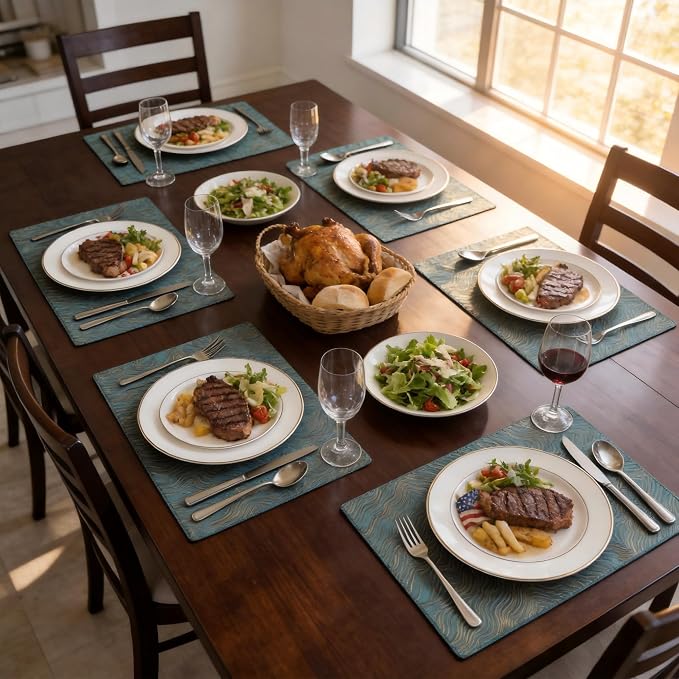 Green Placemats Set of 6, 12x18 Inch Modern Jacquard Woven Place Mats, Double Sided Reversible Non Slip Table Mats, Fade Resistant Irregular Woven Texture Dining Table Decor for Kitchen