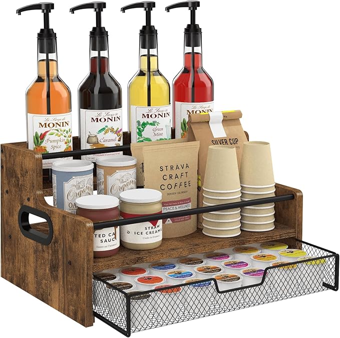 Homode Coffee Syrup Organizer Rack, 3-Tier 8 Bottles Syrup Stand with 35 K Cup Storage Drawer for Coffee Station Bar Accessories, Countertop Wood Liquor Bottle Holder for Wine, Rustic Brown